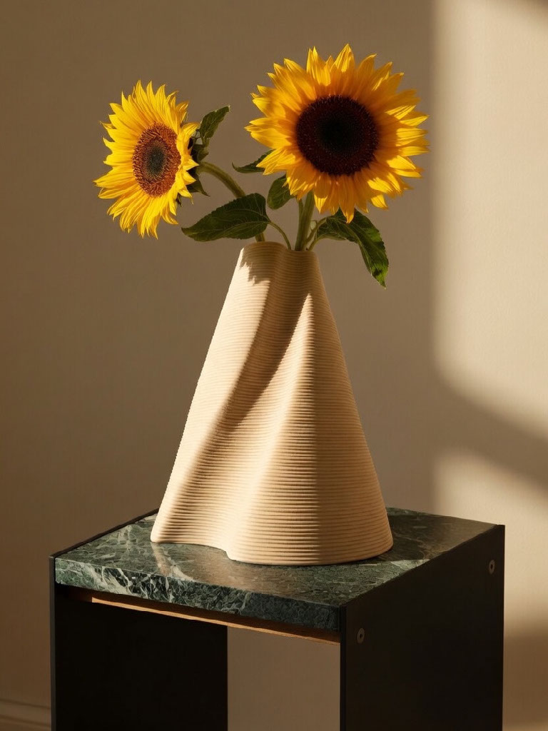 3D printed Swirl vase with sunflowers on a marble plinth